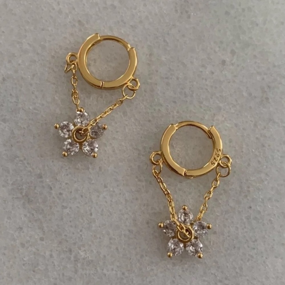 Gold Crystal Flower Dangle Chain Huggie Hoop Earrings Brand New